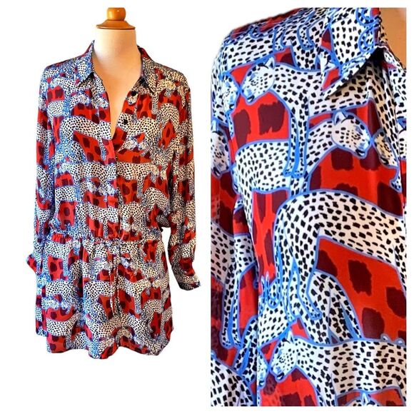 PARKER Silk Leopard Anamalia Print Blouson Mini Dress with Pockets - Size 14 - Picture 4 of 11